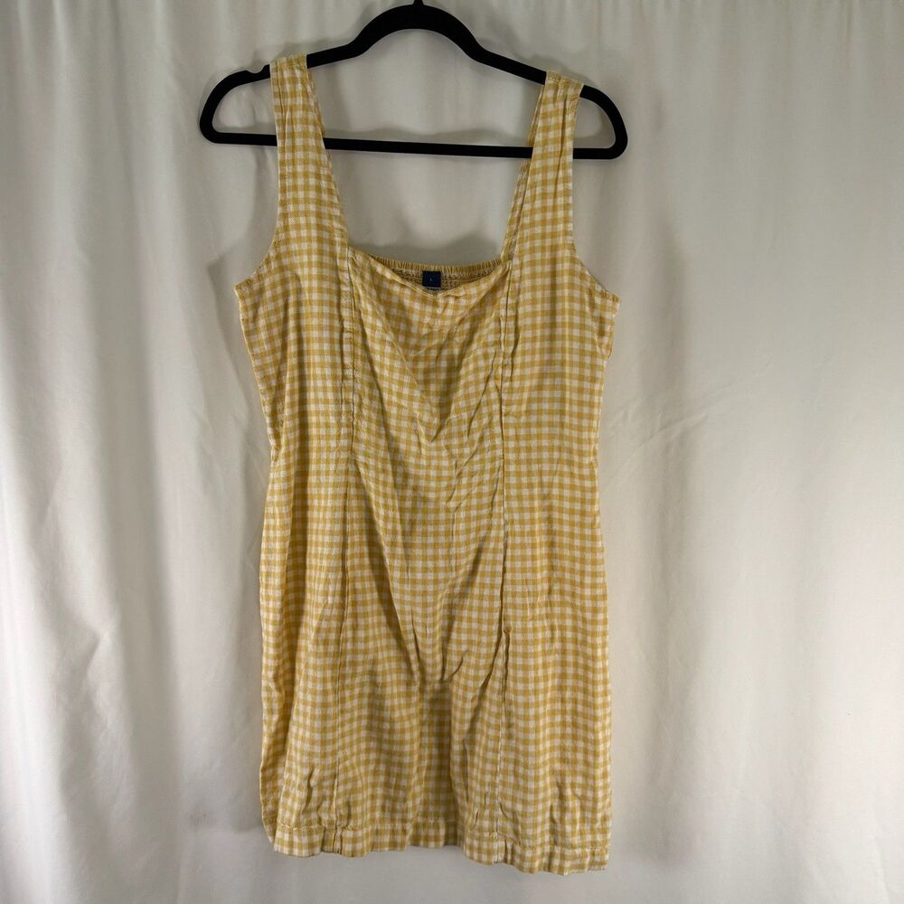 Old Navy Linen Bl Mini Dress Women's Large Yellow White Plaid Sleeveless Smocked